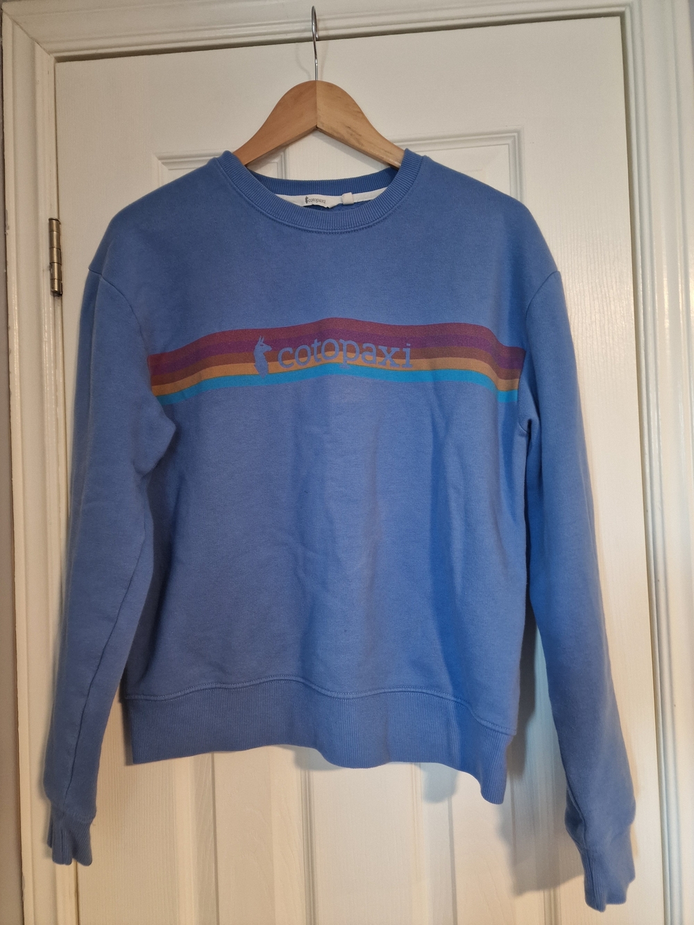 Cotopaxi On The Horizon Blue Crewneck Sweatshirt with Rainbow Stripe - Size M